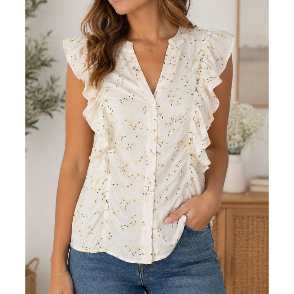 Melloday Blouse Small Ivory Floral Ruffle Sleeveless V Neck Button Top